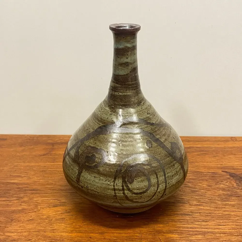 Vintage Studio Pottery Stoneware Bud Vase Swirl Design Artist Signed Pennebacker